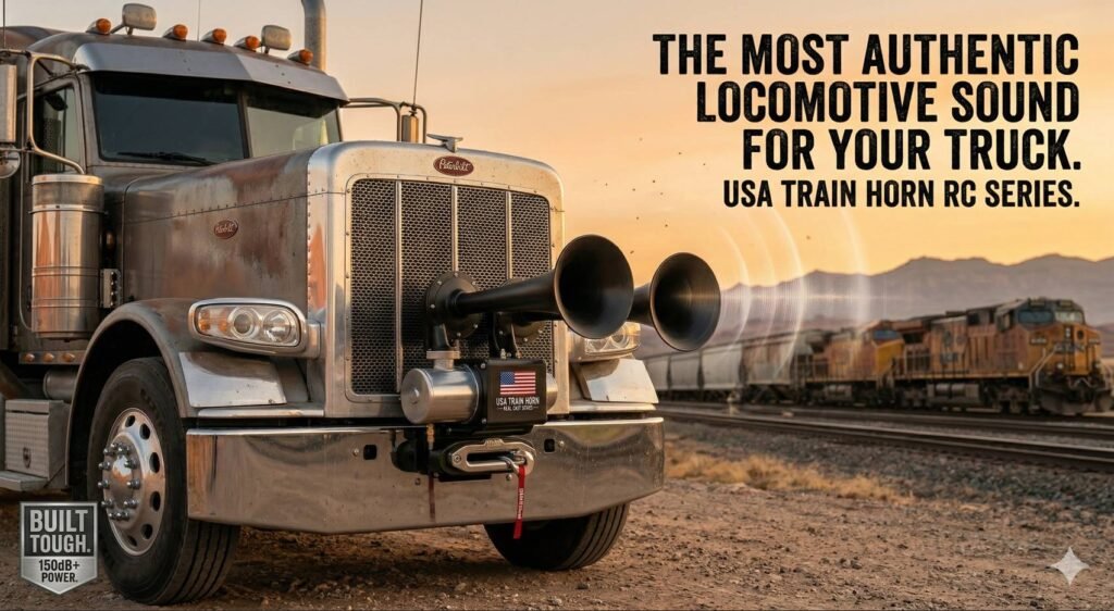 A classic American semi-truck with a USA Train Horn RC Series train horn kit mounted on the hood