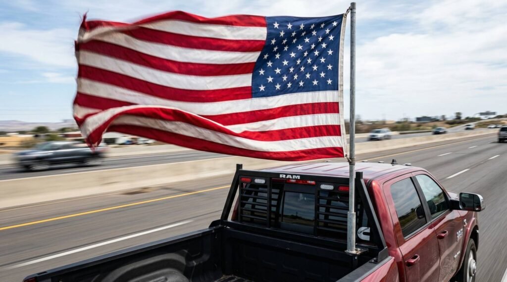 A speeding American truck on the highway flying a USA flag, symbolizing the authentic American sound