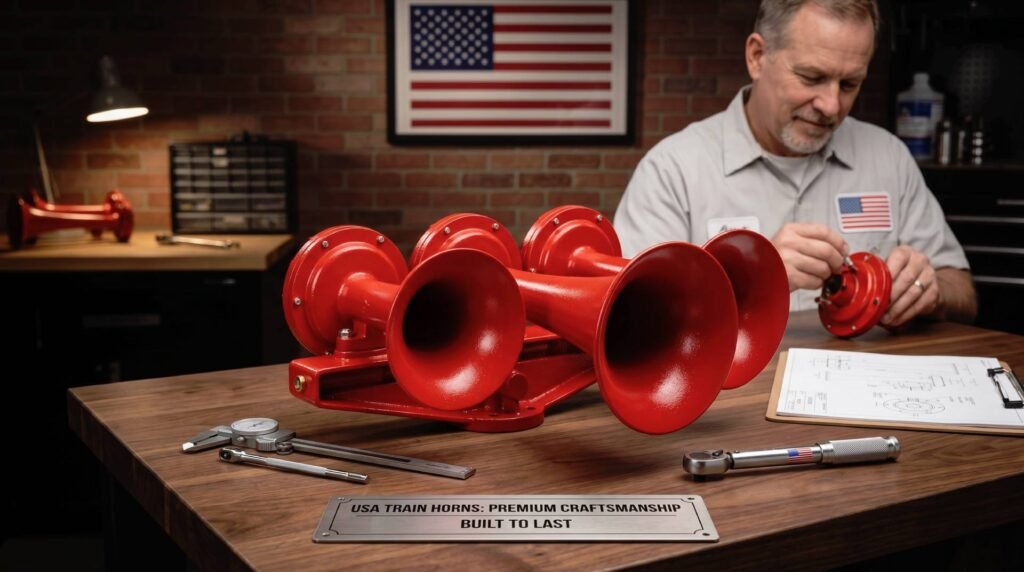 High-quality USA Train Horn showing the premium craftsmanship and durable sand-cast aluminum construction, proudly Made in USA.
