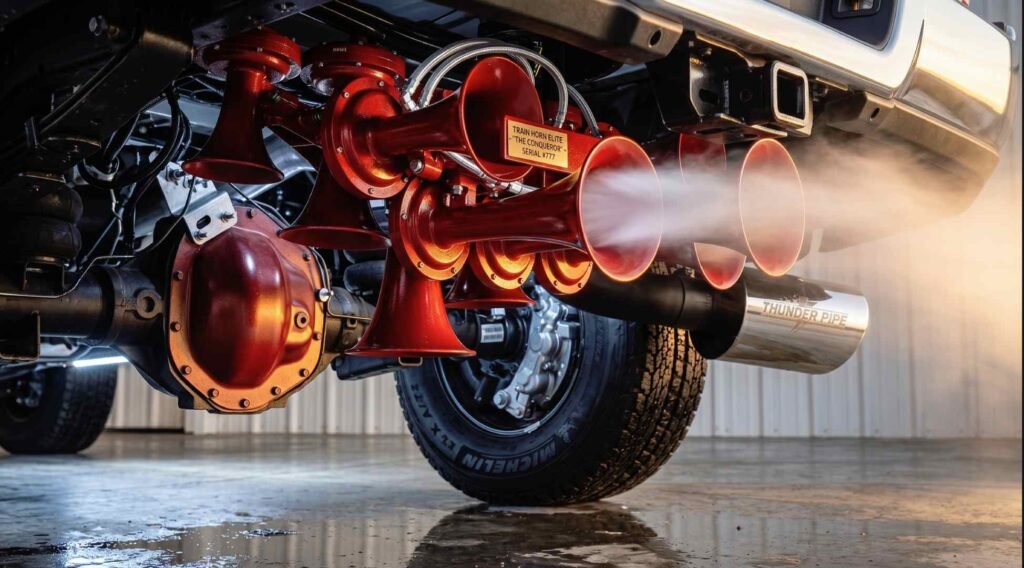 usa train horn kit installaded under a pickup